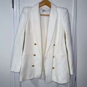 White Zara boucle blazer with shoulder pads and gold buttons, size medium